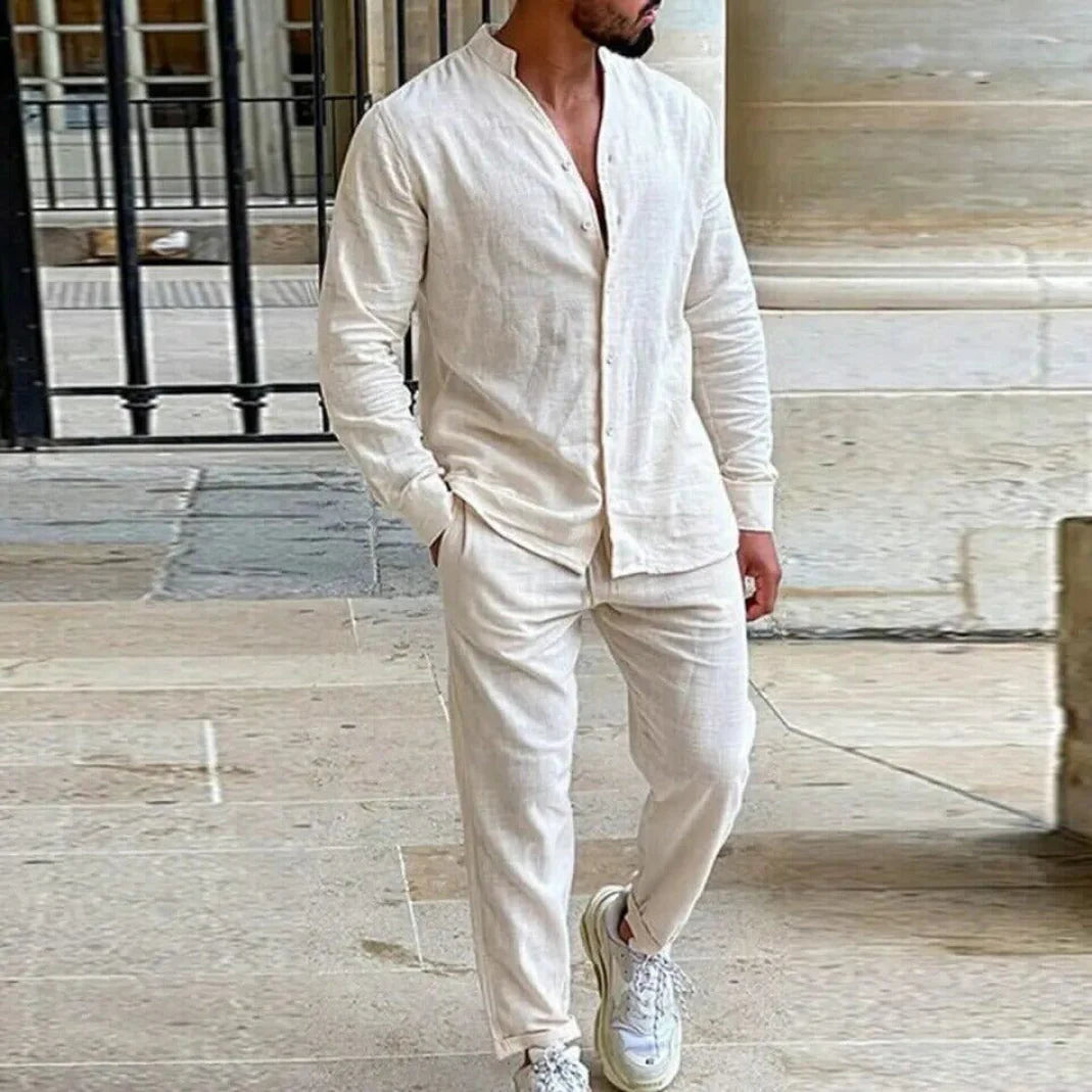Zweiteiliges Set – mit Knöpfen – Langarm – Loungewear-Set – Sommer-Set für Männer-Beige-S-Chaps Herrenmode