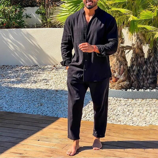 Zweiteiliges Set – mit Knöpfen – Langarm – Loungewear-Set – Sommer-Set für Männer-Schwarz-S-Chaps Herrenmode