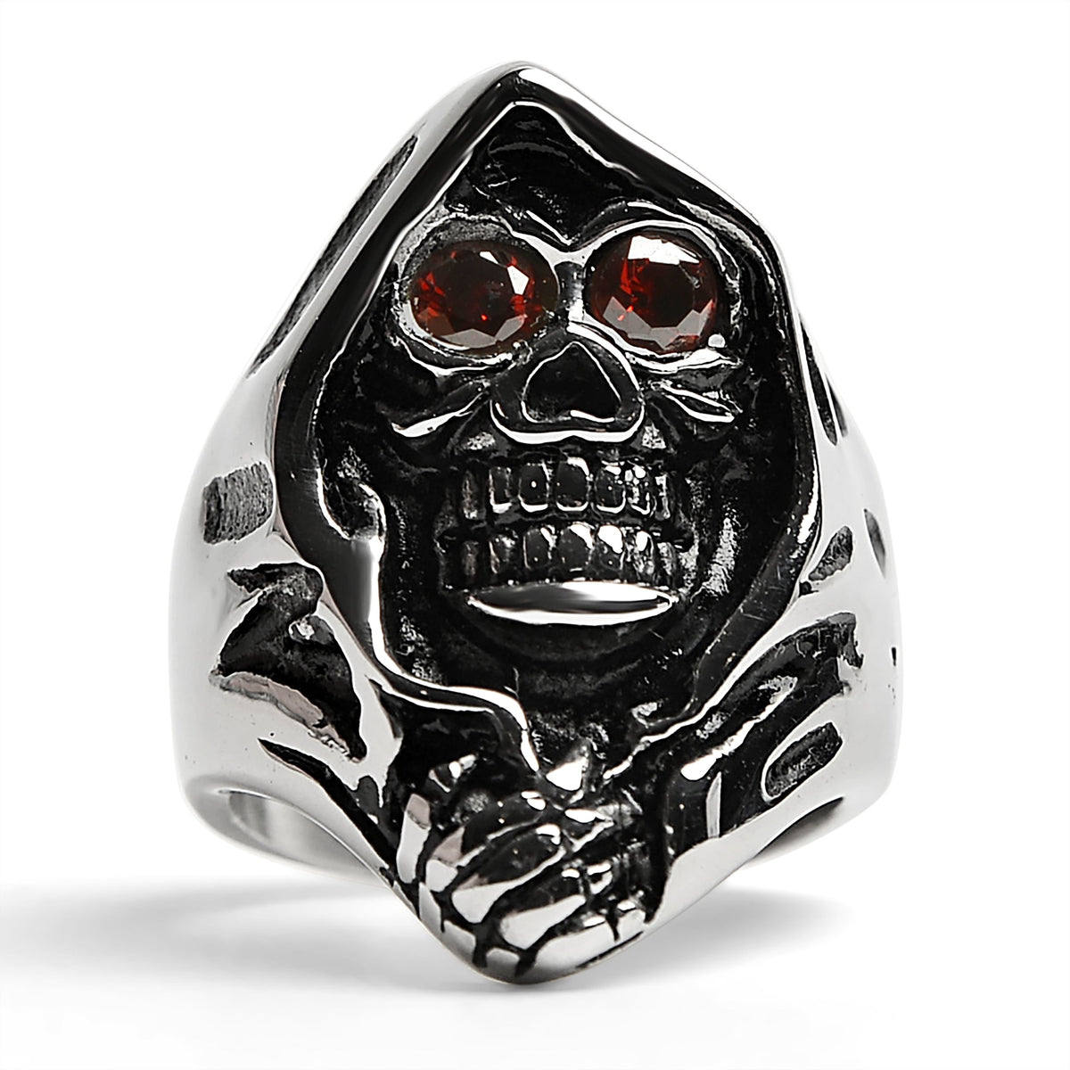 Sensenmann Ring mit roten Augen | Totenkopf | Kapuze | Edelstahl-Chaps Herrenmode