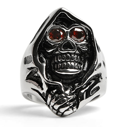 Sensenmann Ring mit roten Augen | Totenkopf | Kapuze | Edelstahl-Chaps Herrenmode