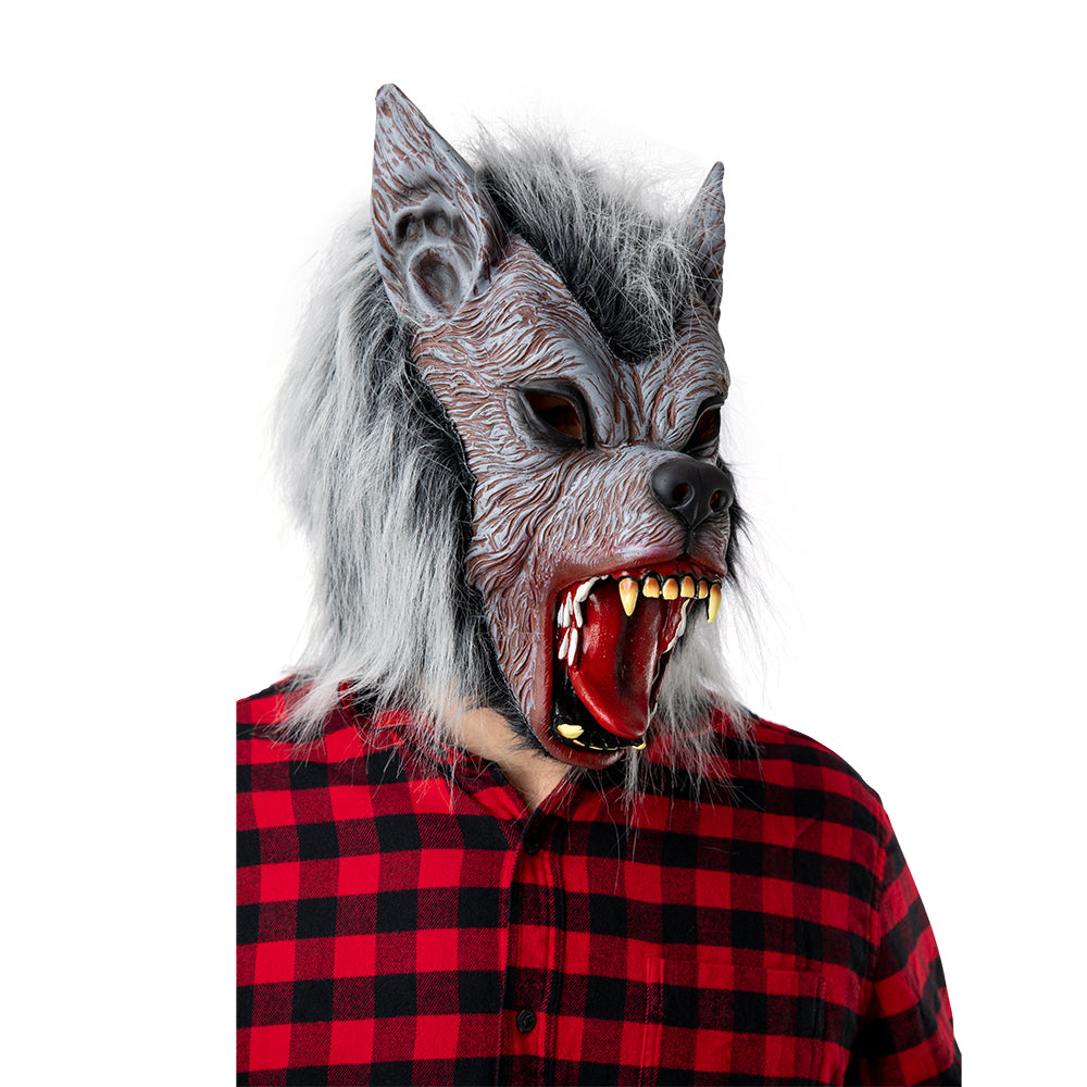Werwolf Maske Grau | Latex | Kunstfell | Offenes Maul | Vollkopf