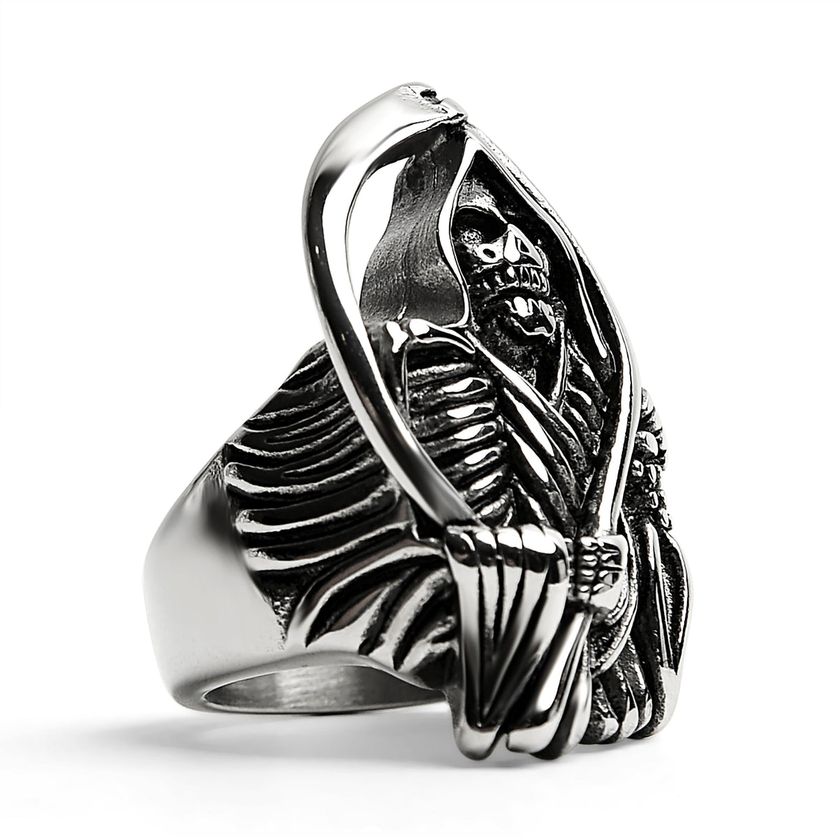 Sensenmann Ring Herren | Edelstahl | Sense | Knochenhände | Silber-Chaps Herrenmode
