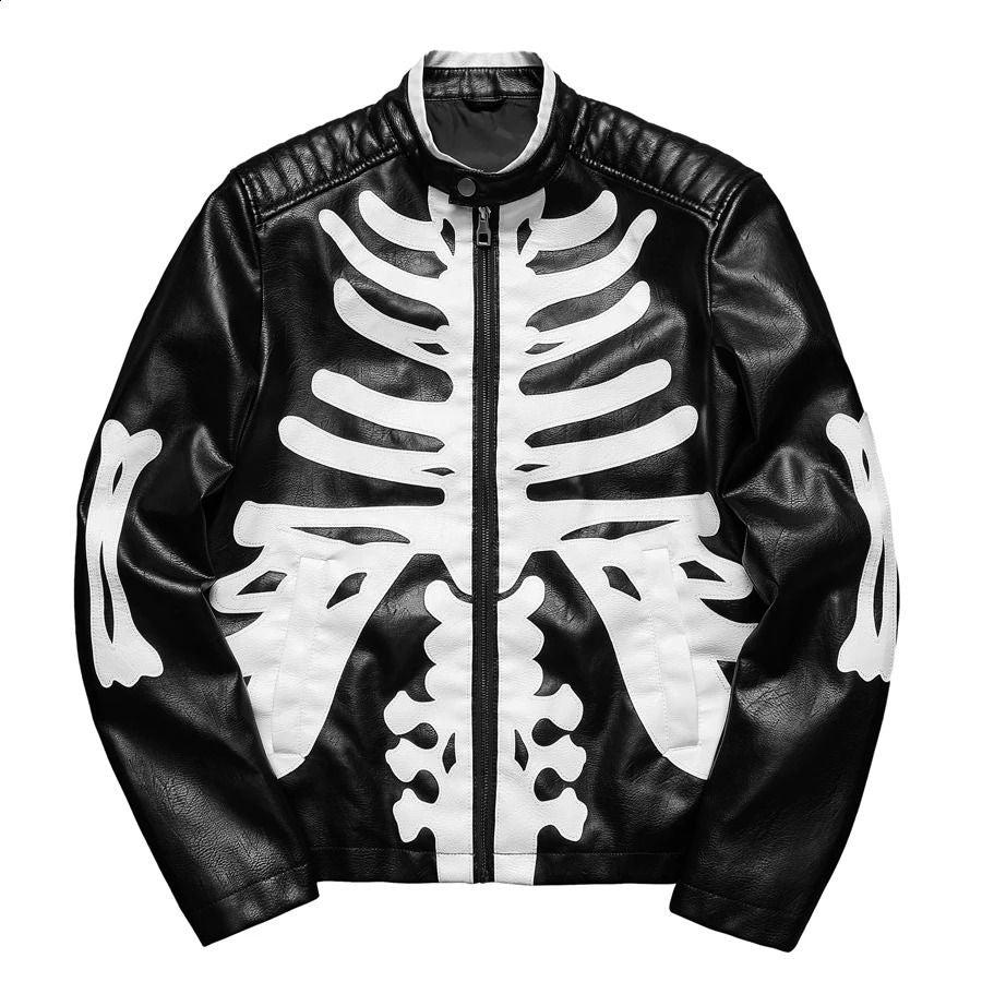 Skelett Bikerjacke Herren | Kunstleder | Knochen Applikationen | Schwarz-Schwarz-XS-Chaps Herrenmode