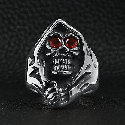 Sensenmann Ring mit roten Augen | Totenkopf | Kapuze | Edelstahl-Chaps Herrenmode