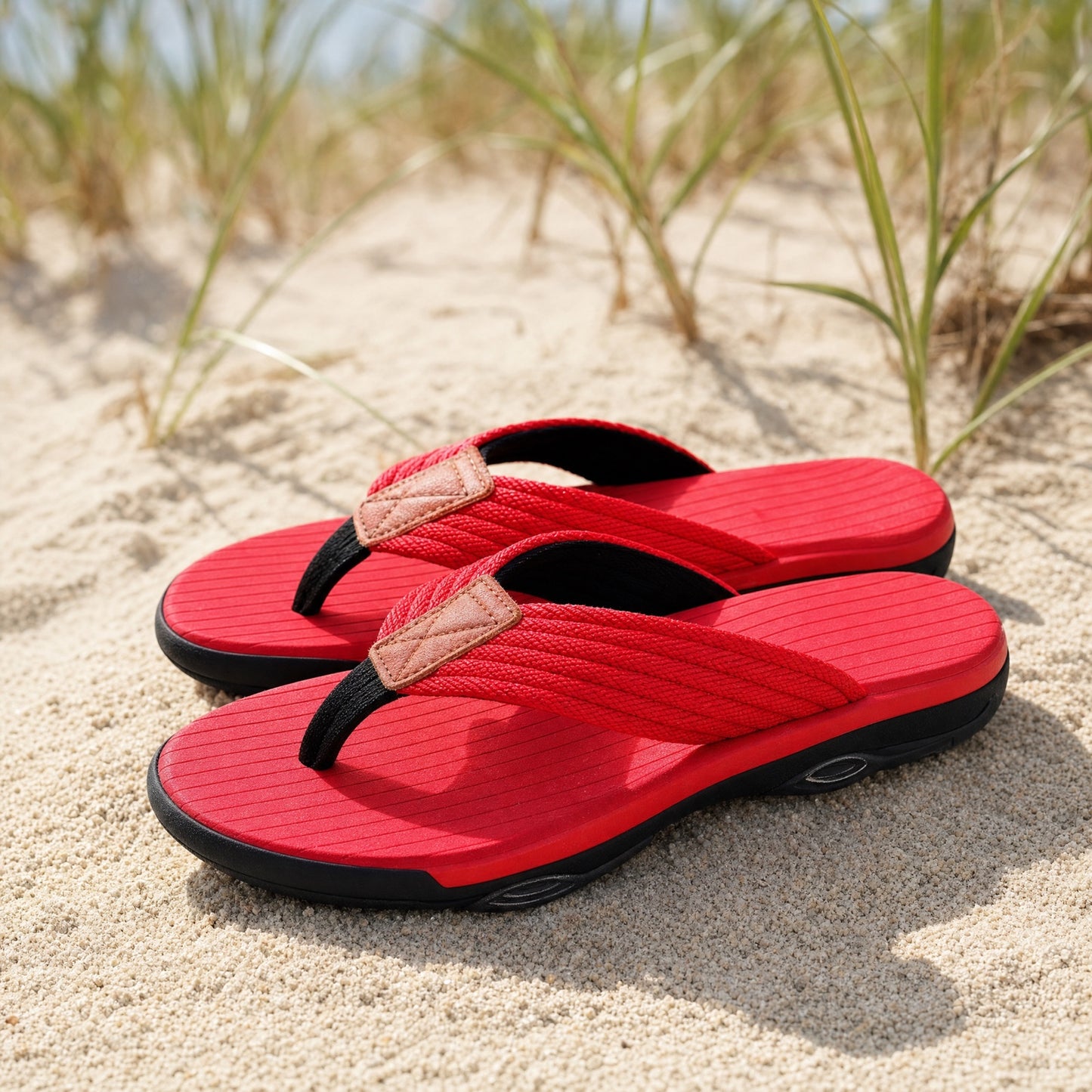 Badelatschen Timo in Rot-Schwarz am Strand