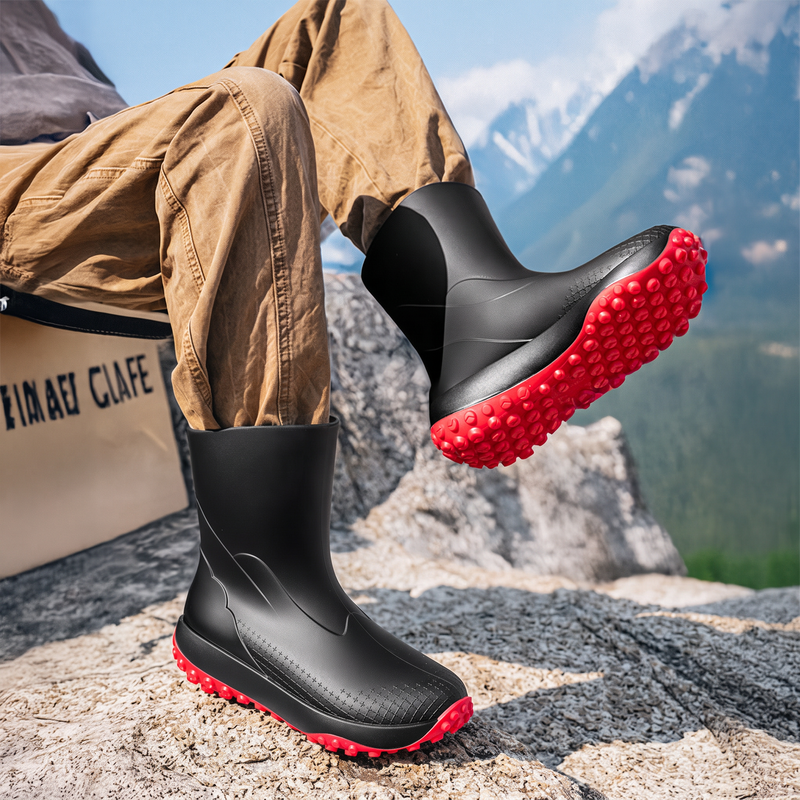 Schwarze Gummistiefel für Herren mit roter rutschfester Sohle, getragen
