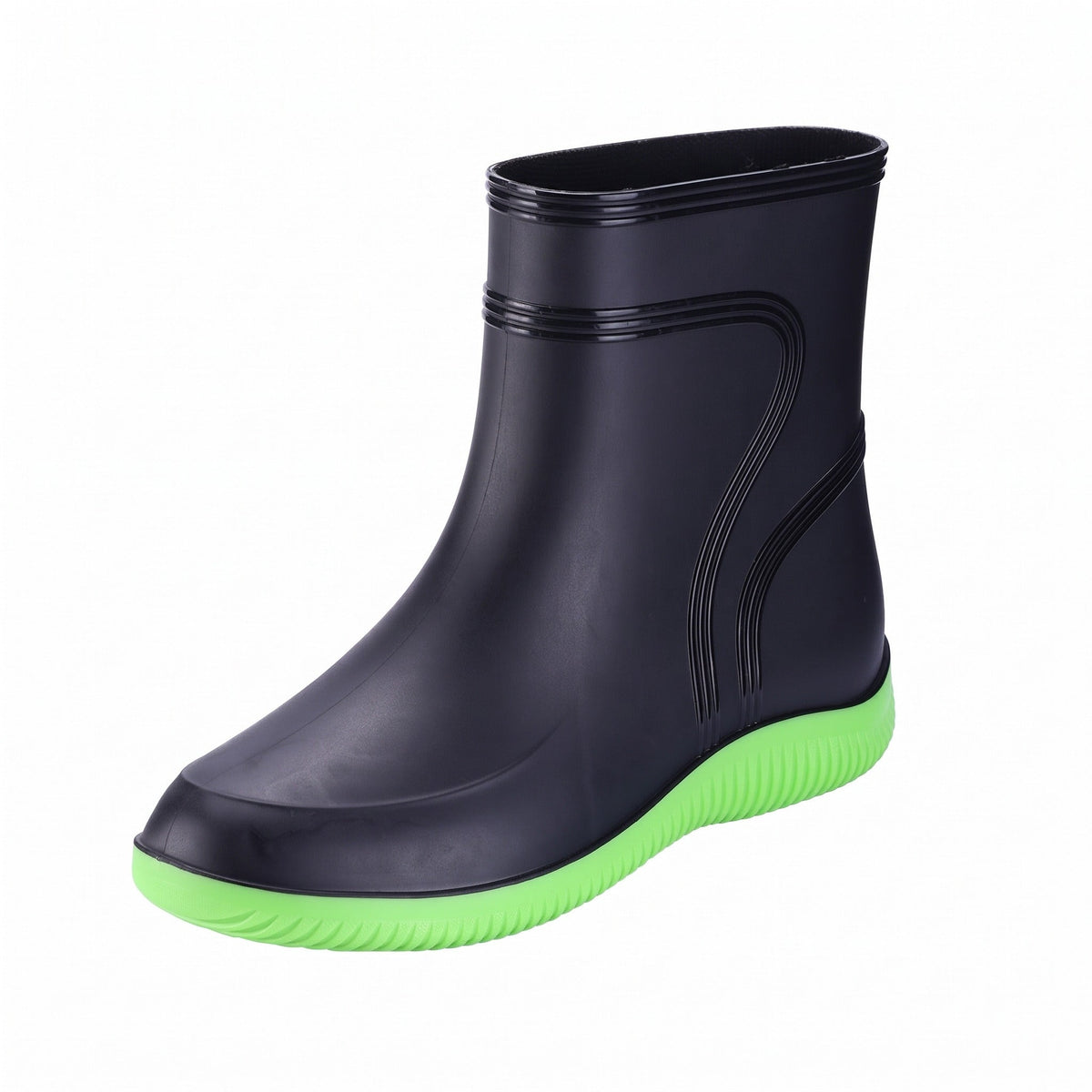 Kurzschaft Gummistiefel schwarz mit grüner Sohle freigestellt ohne Person | Chaps Herrenmode