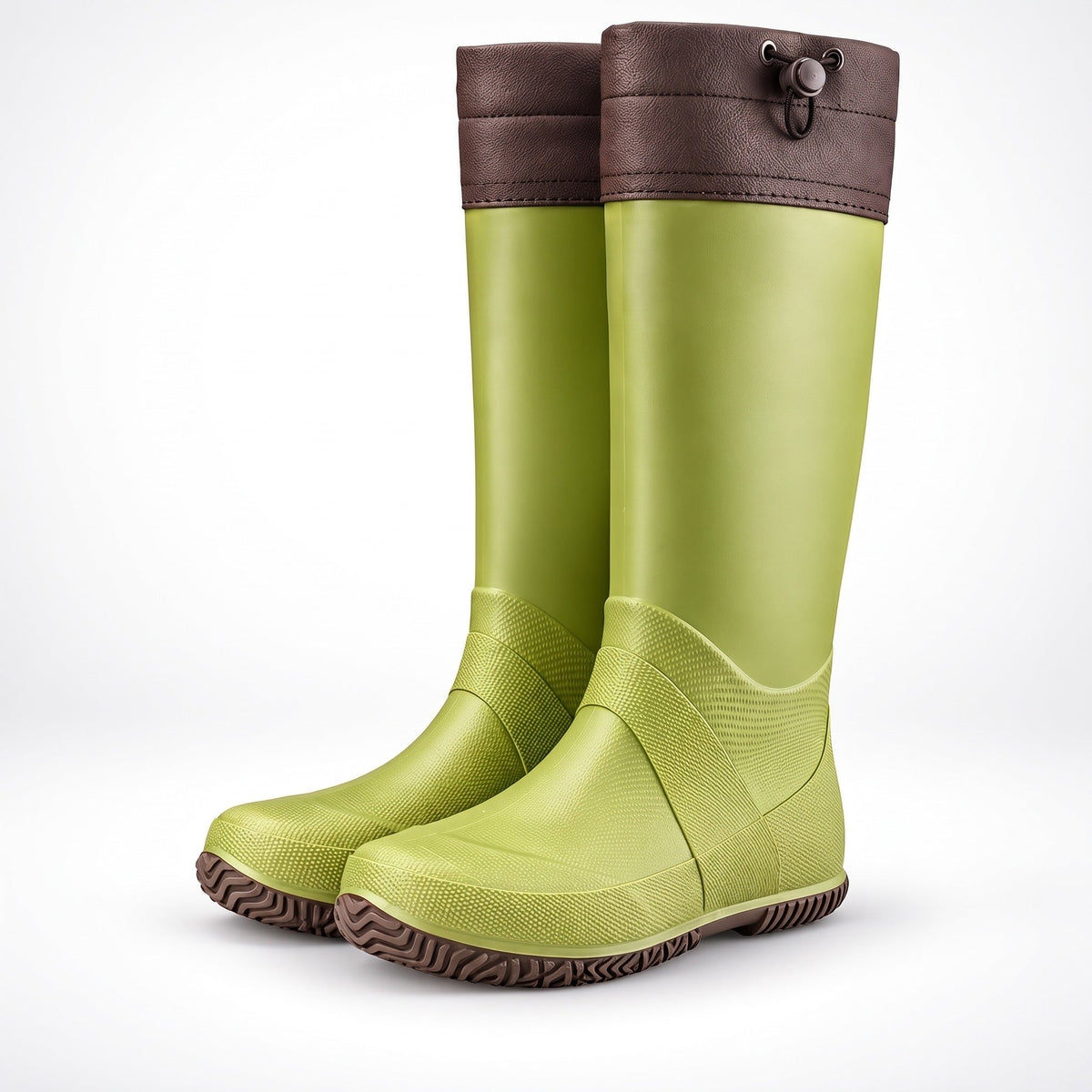 Grüne Gummistiefel hoch mit brauner Stulpe, freistehend ohne Träger | Chaps Herrenmode