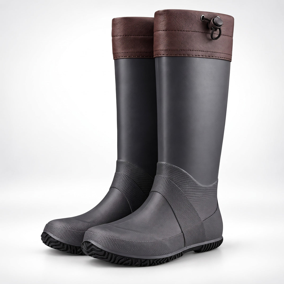 Graue hohe Gummistiefel mit brauner Stulpe, freigestellt ohne Person | Chaps Herrenmode