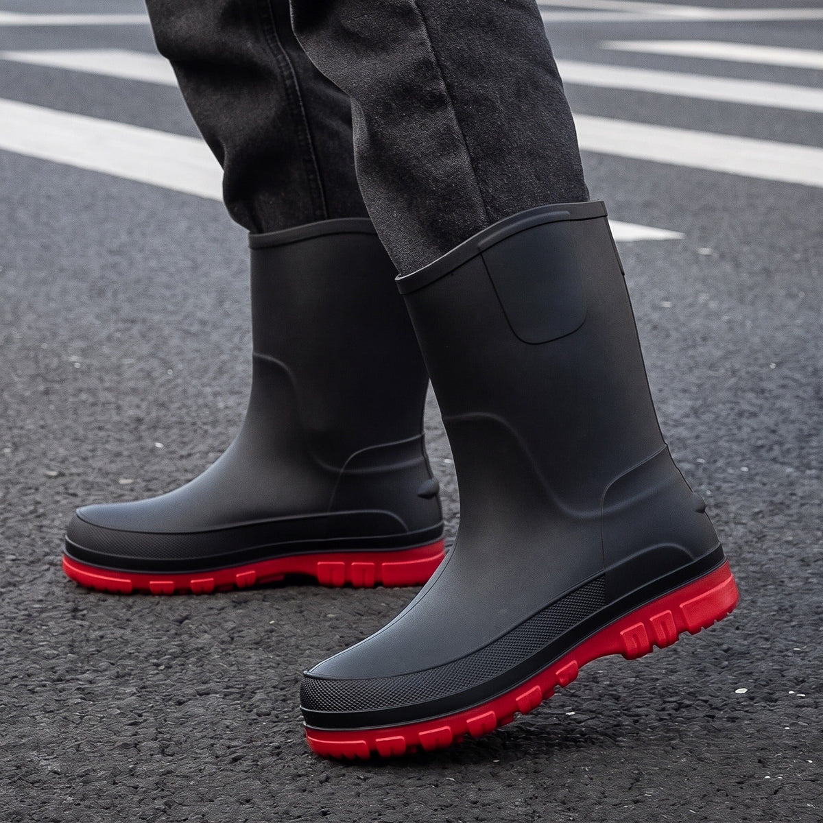 Schwarze Gummistiefel mit roter Sohle, getragen von einer Person auf Straße | Chaps Herrenmode