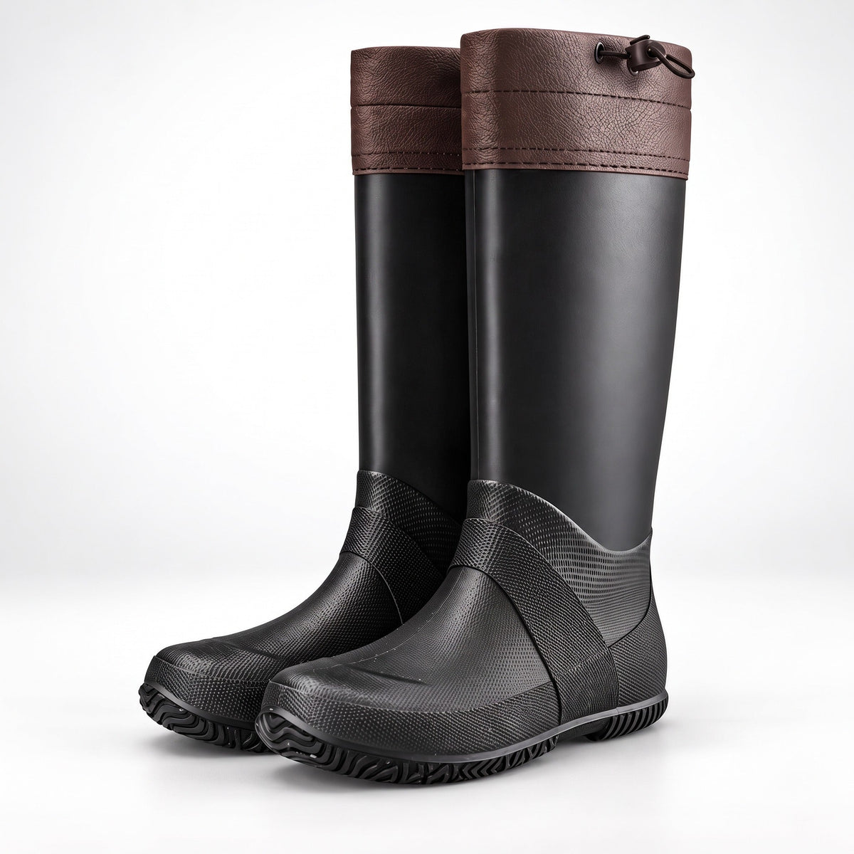 Schwarze hohe Gummistiefel mit brauner Stulpe und Kordelzug, freigestellt | Chaps Herrenmode