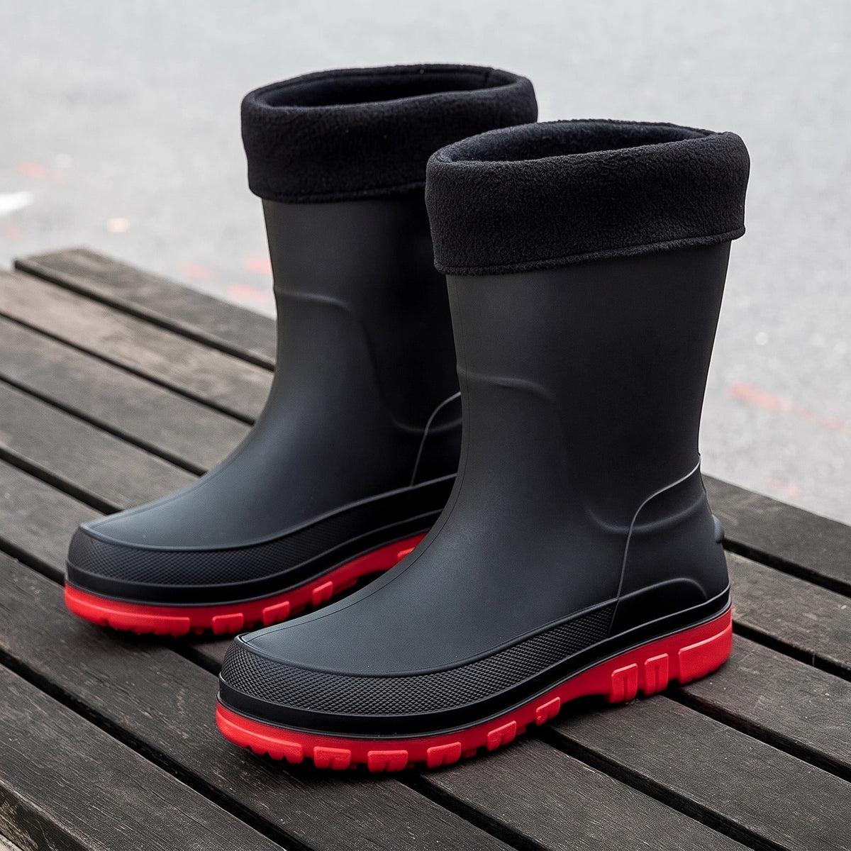 Schwarze Gummistiefel mit roter Sohle und Fleecestulpe, freistehend fotografiert | Chaps Herrenmode