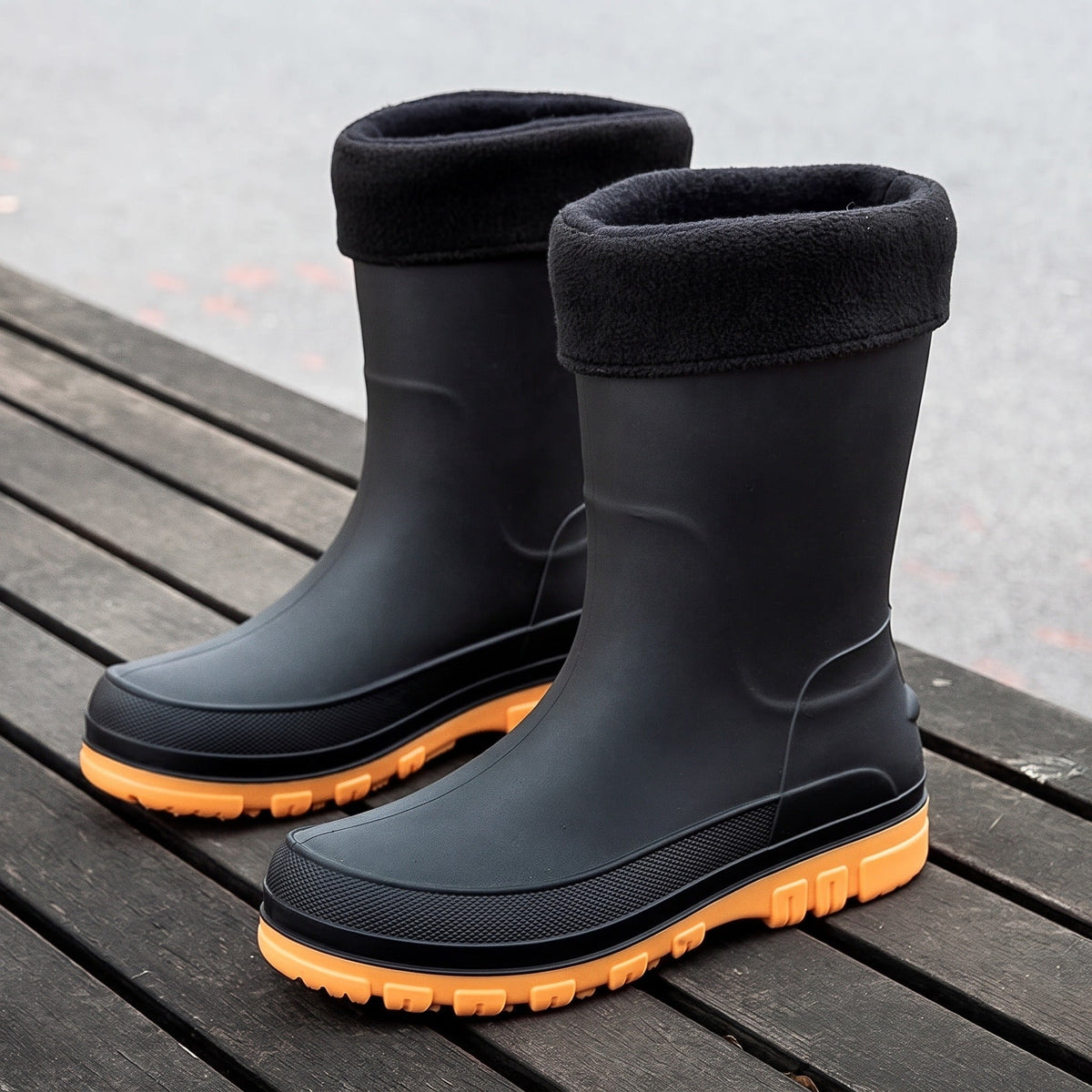 Schwarze Gummistiefel mit Fleecestulpe und oranger Sohle, freistehend fotografiert | Chaps Herrenmode