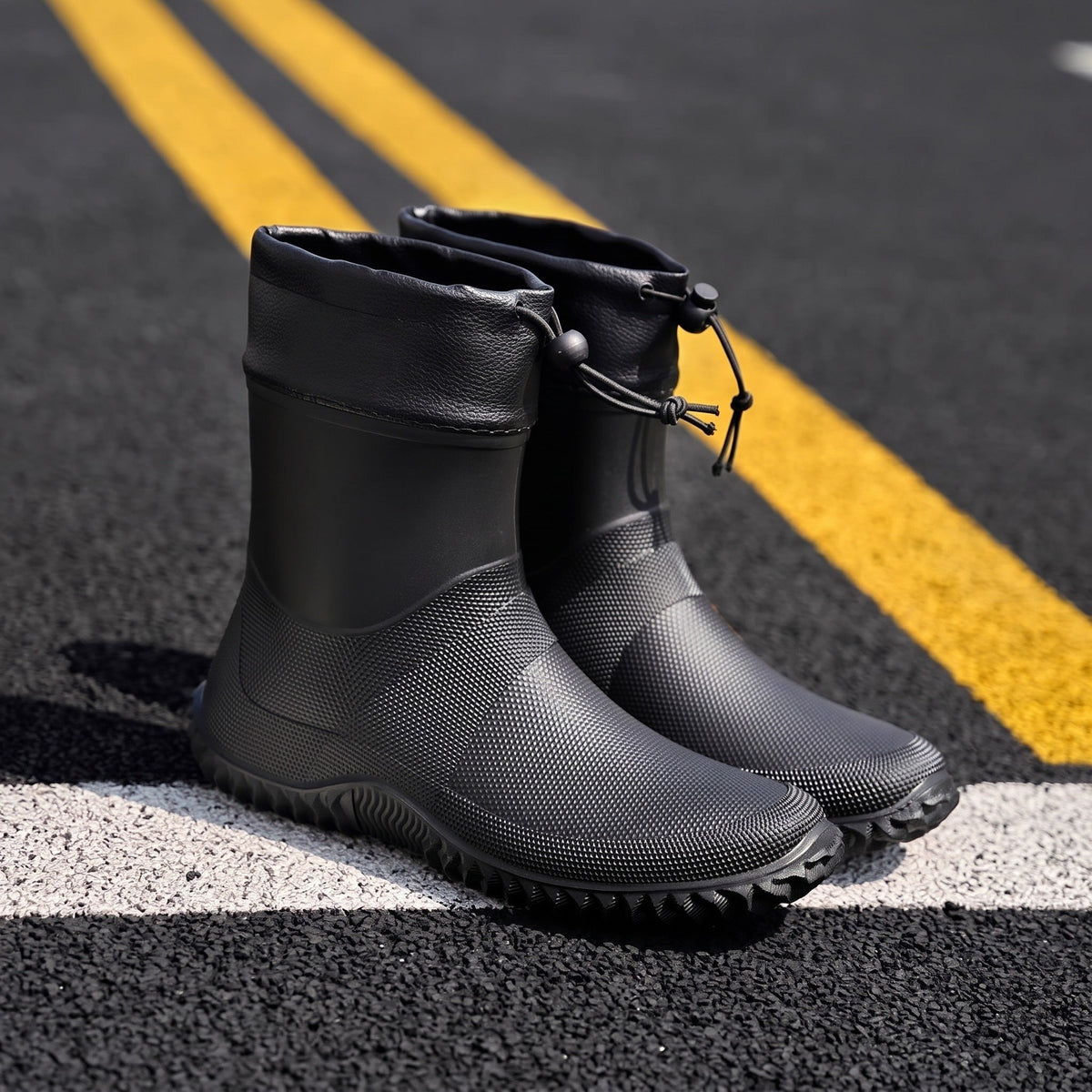 Schwarze Gummistiefel mit Kordelzug-Kragen, freistehend auf Straße fotografiert | Chaps Herrenmode
