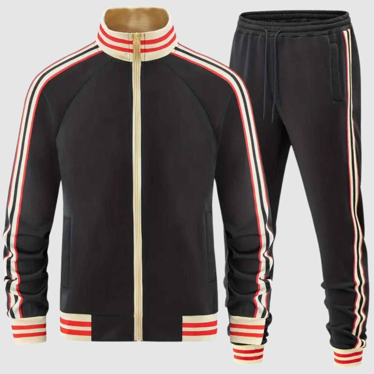 Schwarze Retro-Trainingsjacke und Hose mit cremefarbenen, roten und schwarzen Kontraststreifen | Chaps Herrenmode