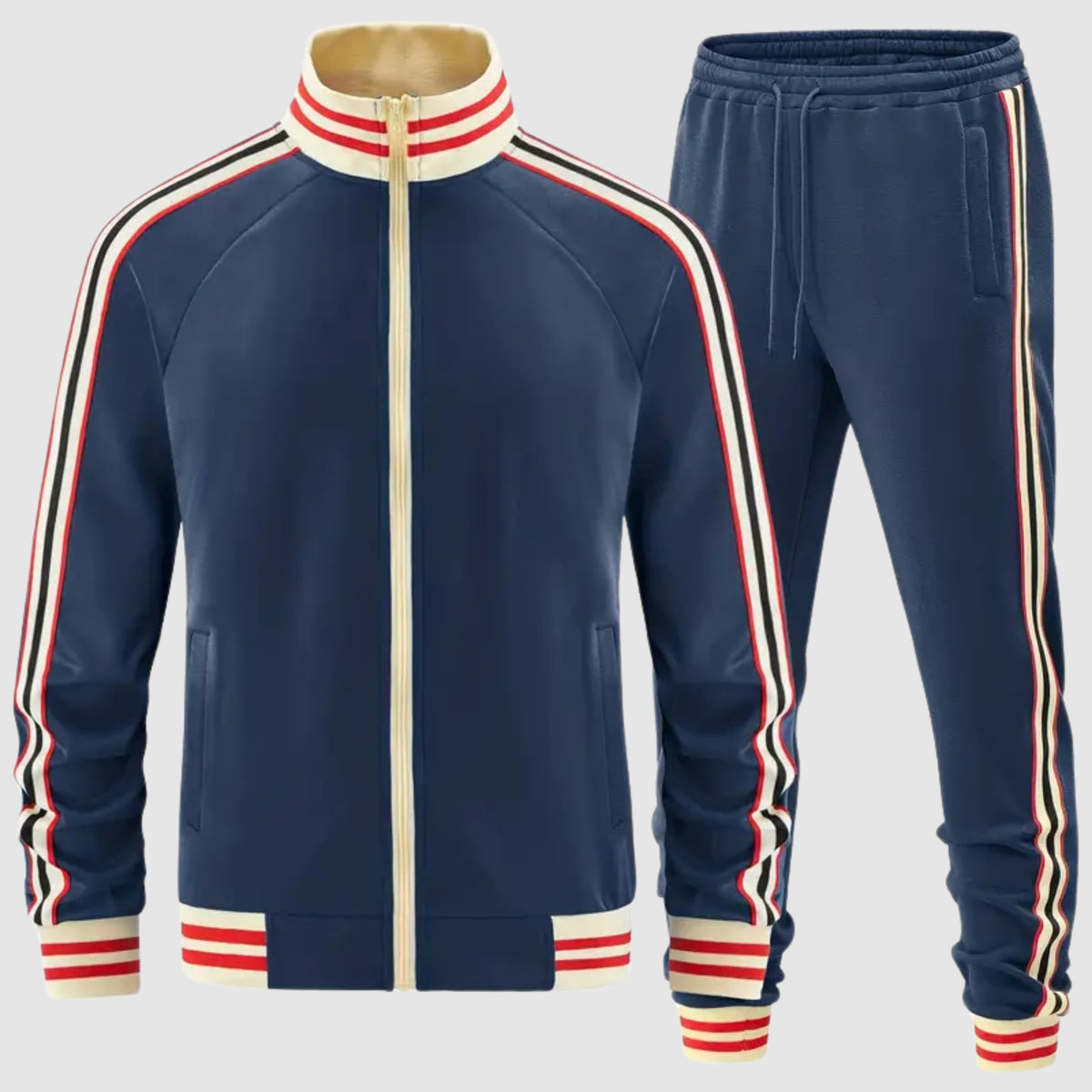 Marineblaue Retro-Trainingsjacke und Hose mit cremefarbenen, roten und schwarzen Kontraststreifen | Chaps Herrenmode