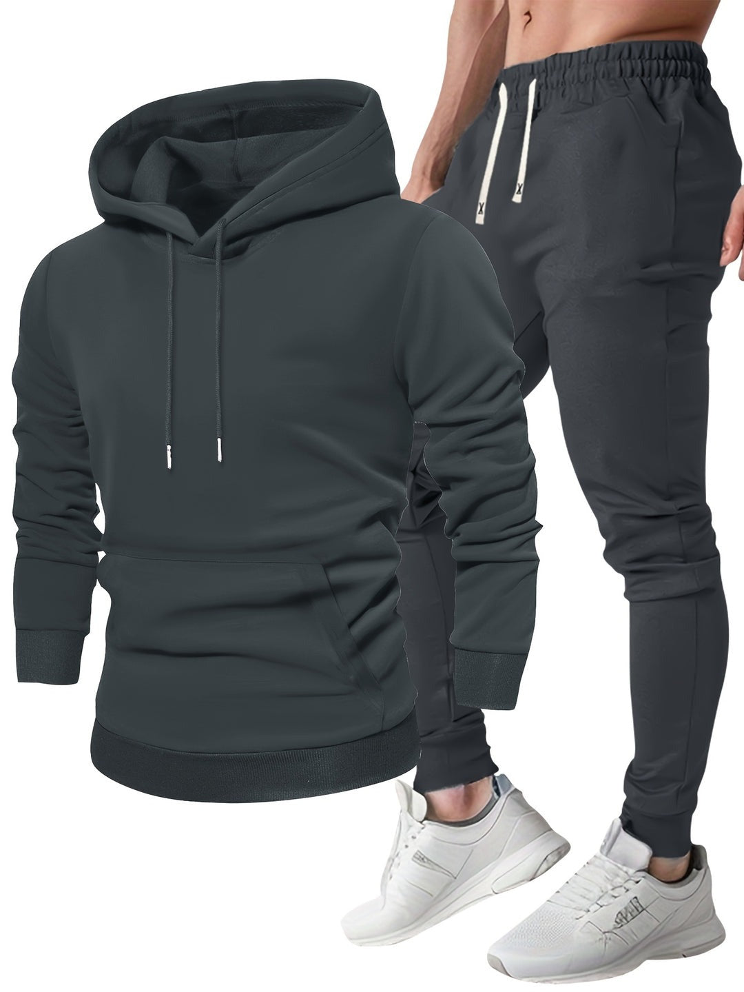 Dunkelgrauer Kapuzenpullover neben der passenden Jogginghose | Chaps Herrenmode