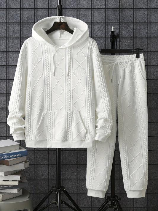 Jogginganzug Herren | Strukturmuster | Hoodie und Jogginghose | Weiß-Weiß-XS-Chaps Herrenmode