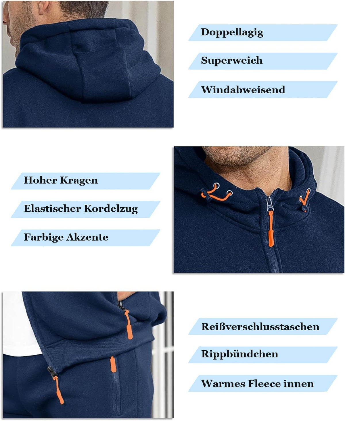 Nahaufnahmen von Kapuze, Zippern und Reißverschlusstaschen am marineblauen Trainingsanzug | Chaps Herrenmode