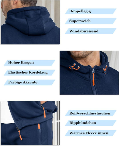 Nahaufnahmen von Kapuze, Zippern und Reißverschlusstaschen am marineblauen Trainingsanzug | Chaps Herrenmode