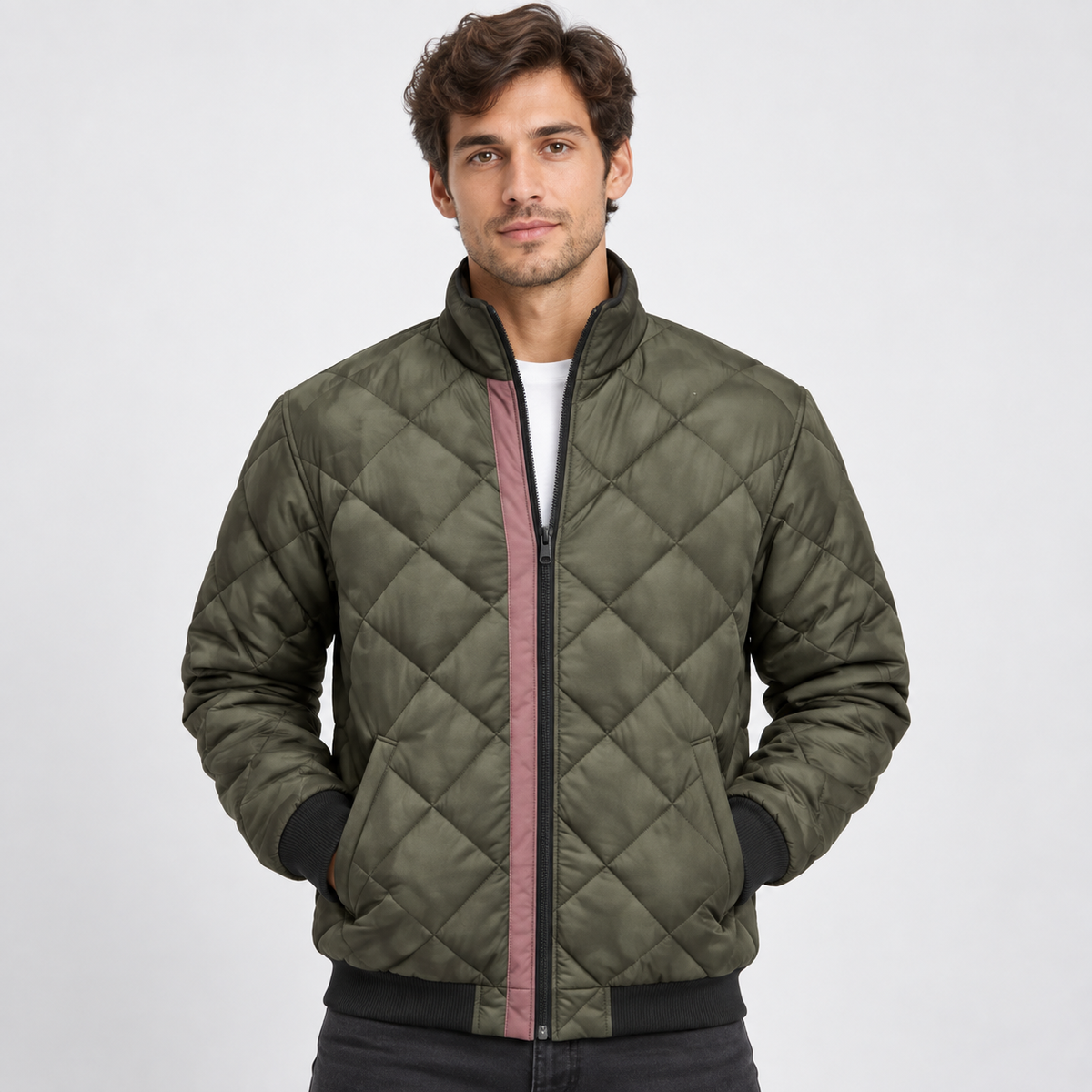 Bomberjacke Herren | Gesteppt | Diamantmuster | Stehkragen | Reißverschluss | Gerippte Bündchen | Grün-Grün-S-Chaps Herrenmode