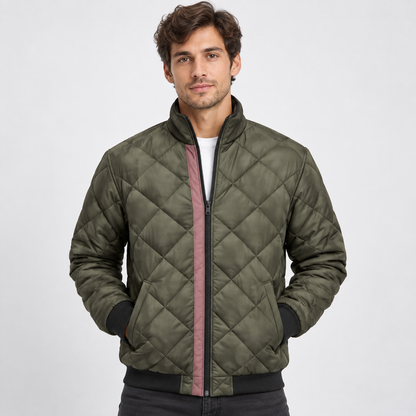 Bomberjacke Herren | Gesteppt | Diamantmuster | Stehkragen | Reißverschluss | Gerippte Bündchen | Grün-Grün-S-Chaps Herrenmode