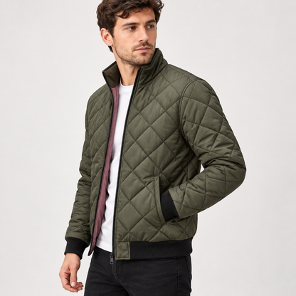 Bomberjacke Herren | Gesteppt | Diamantmuster | Stehkragen | Reißverschluss | Gerippte Bündchen | Grün-Chaps Herrenmode