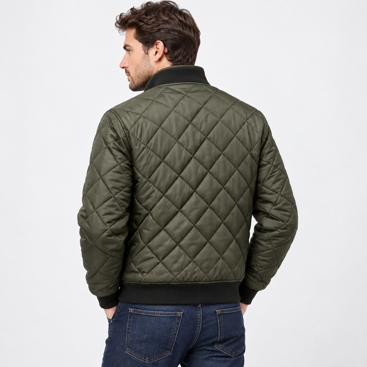 Bomberjacke Herren | Gesteppt | Diamantmuster | Stehkragen | Reißverschluss | Gerippte Bündchen | Grün-Chaps Herrenmode