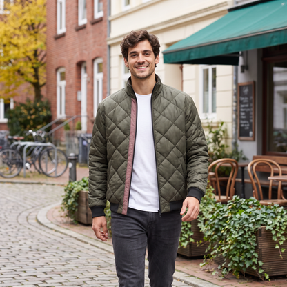 Bomberjacke Herren | Gesteppt | Diamantmuster | Stehkragen | Reißverschluss | Gerippte Bündchen | Grün-Chaps Herrenmode