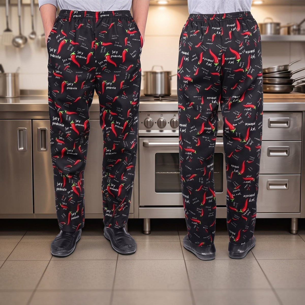 Kochhose Herren | Gummizug | Seitentaschen | Baumwollmischung-Chilimotiv-S-Chaps Herrenmode