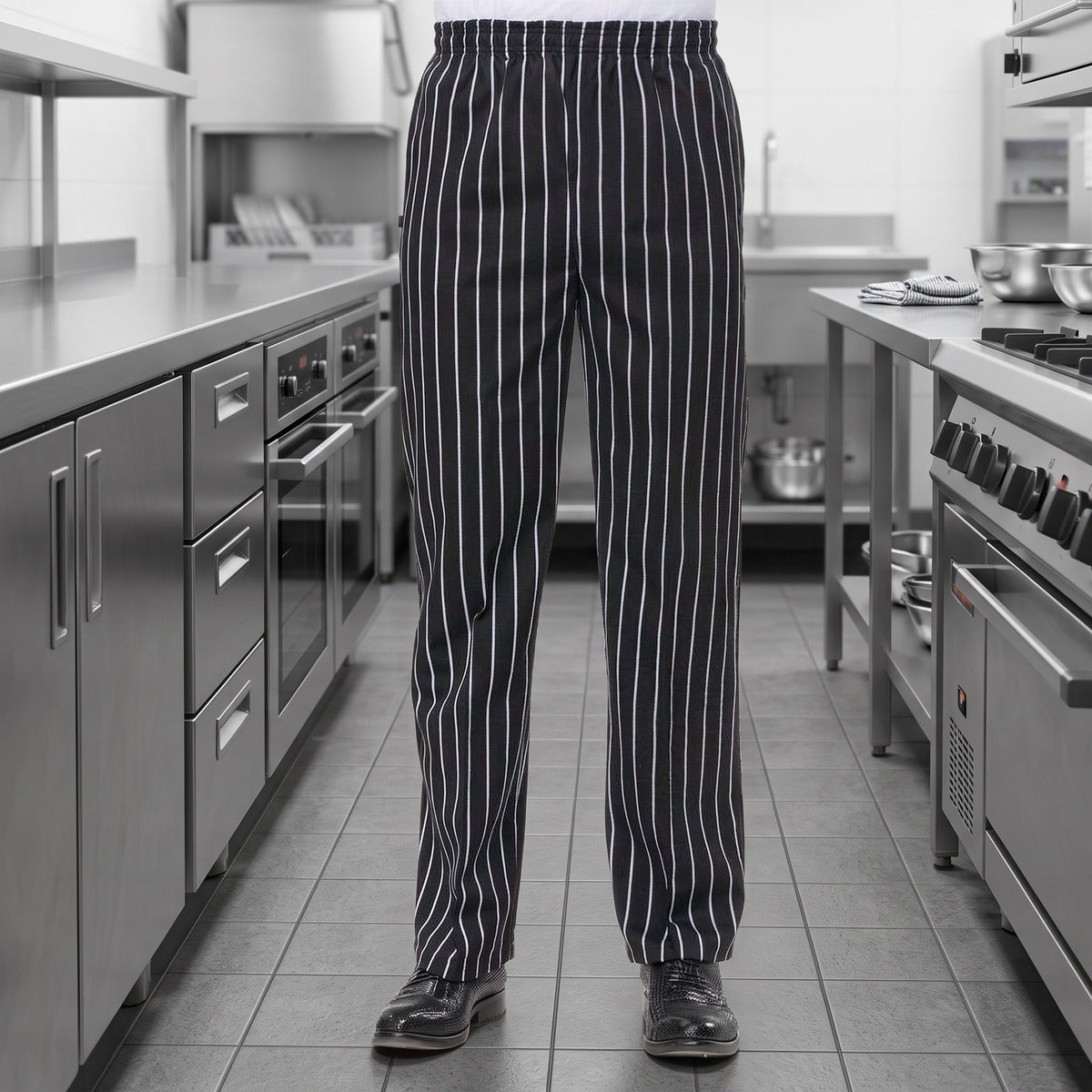 Kochhose Herren | Gummizug | Seitentaschen | Baumwollmischung-Nadelstreifen-S-Chaps Herrenmode