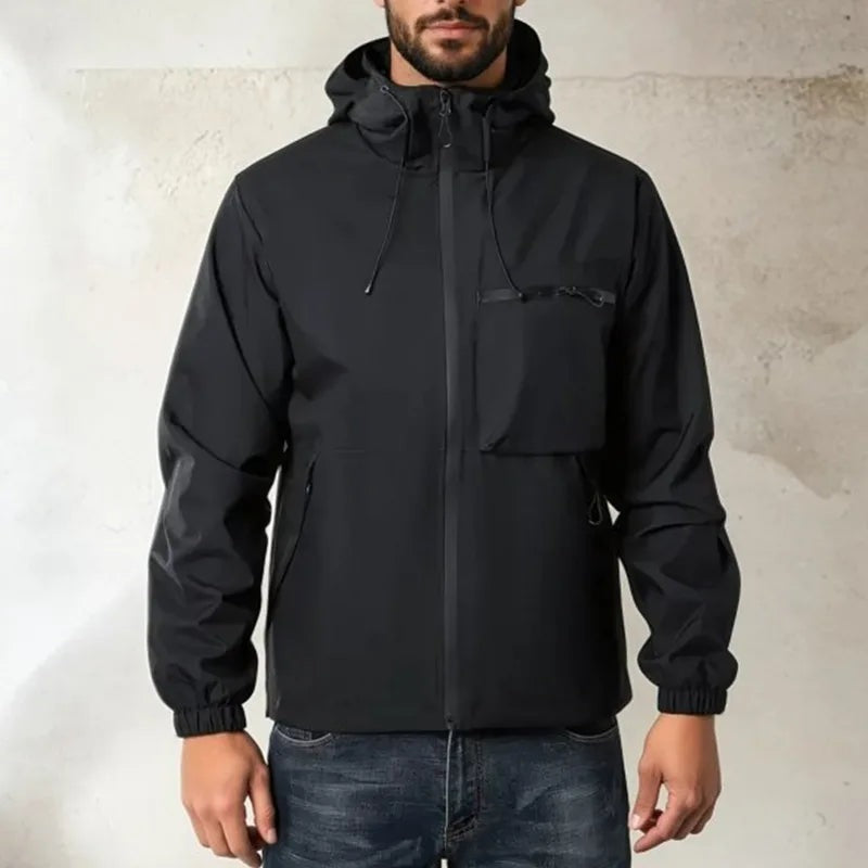 Regenjacke Herren | Kapuze | Brusttasche | Seitentaschen-Schwarz-S-Chaps Herrenmode