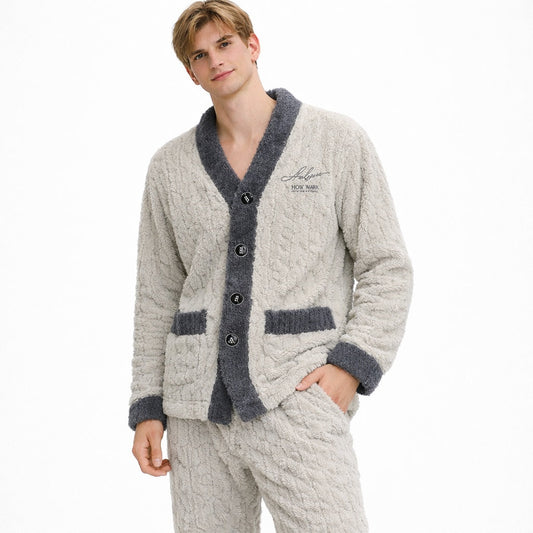 Schlafanzug Herren | Lang | Korallenfleece | Zweiteilig | Knopfjacke-Hellgrau-S-Chaps Herrenmode