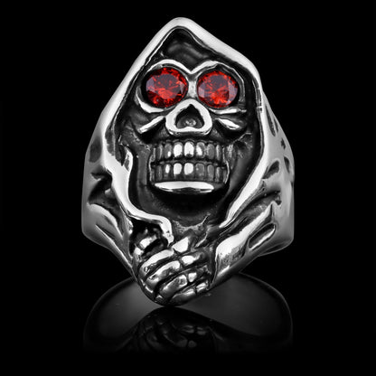 Sensenmann Ring mit roten Augen | Totenkopf | Kapuze | Edelstahl-Silber-Rot-57-Chaps Herrenmode