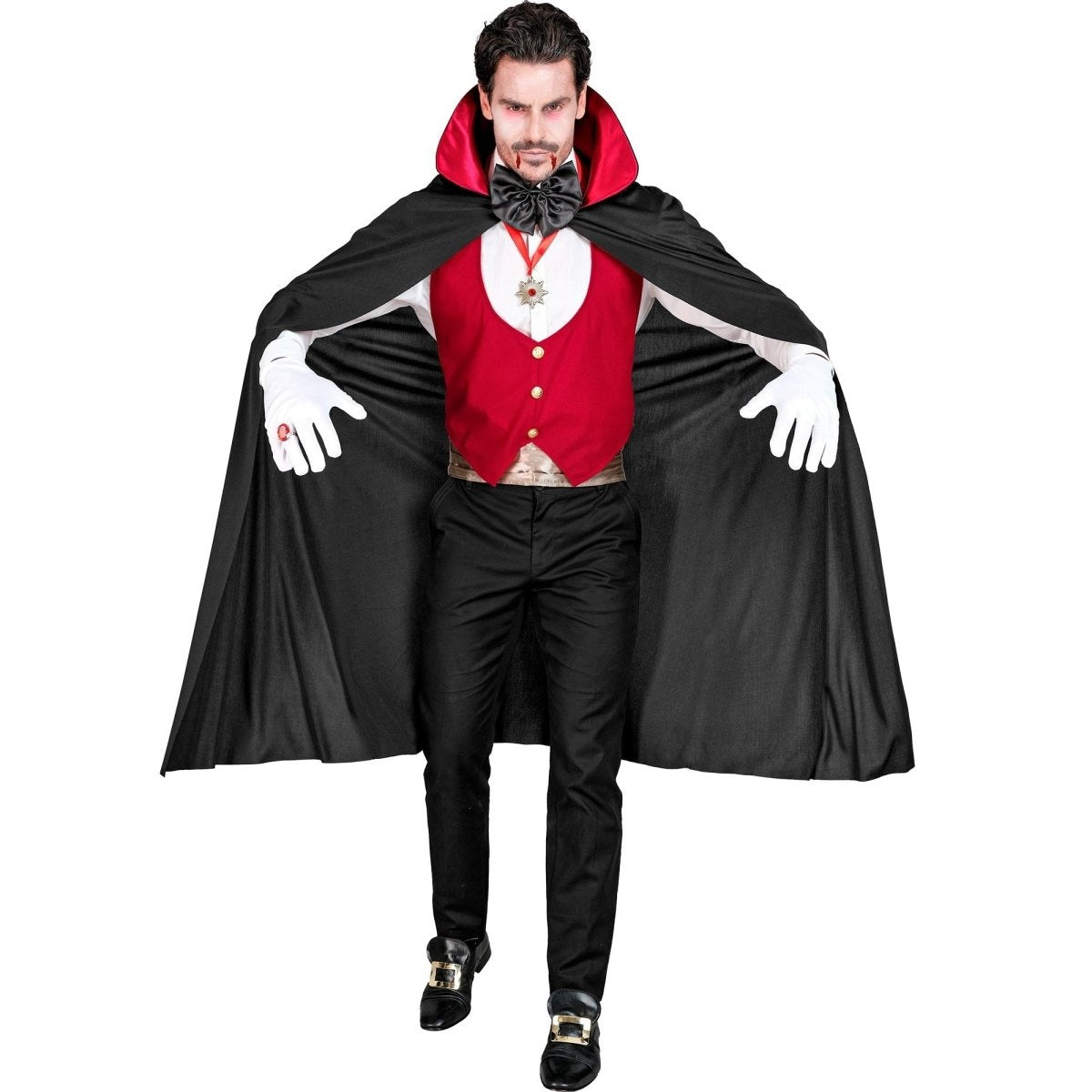 Vampir Kostüm Set | Umhang | Weste | Fliege | Medaillon | Handschuhe-Schwarz-Rot-M-Chaps Herrenmode