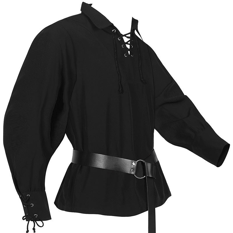 Mittelalter Hemd Herren | Schnürung | V-Ausschnitt | Langarm | 6 Farben-Chaps Herrenmode