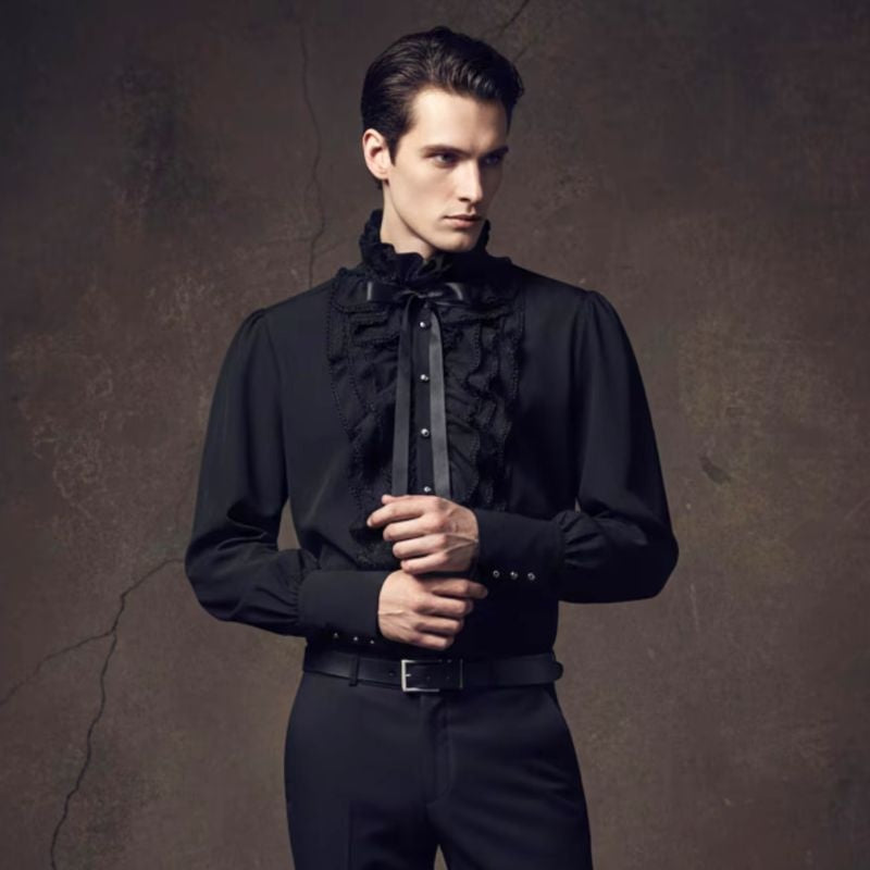 Vampir Hemd Herren | Rüschenkragen | Schleife | Spitze | Schwarz-Chaps Herrenmode
