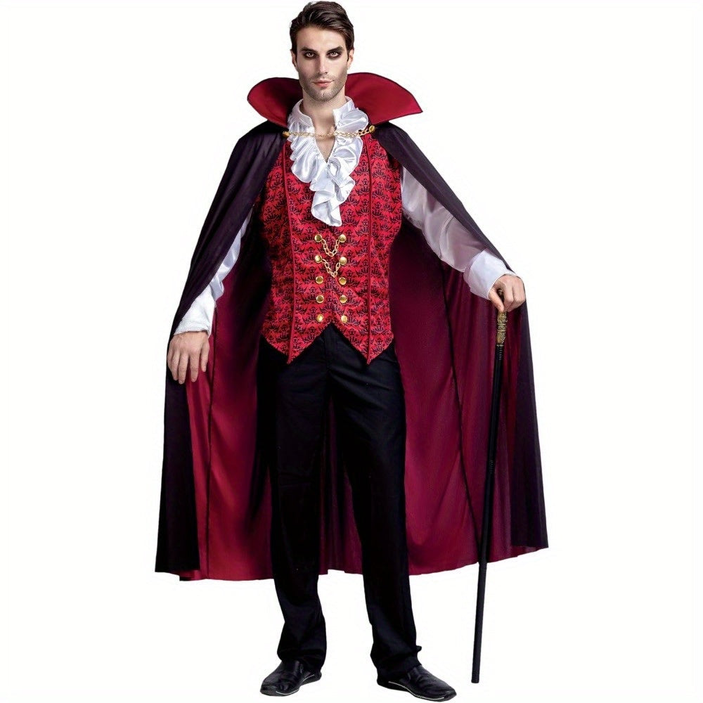 Vampir Kostüm Erwachsene | Langer Umhang | Rüschenhemd | Weste-Schwarz-Rot-M-Chaps Herrenmode