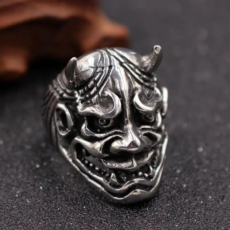 Oni Ring | Japanische Dämonenmaske | Hörner | Edelstahl | Biker Ring-Silber-63-Chaps Herrenmode