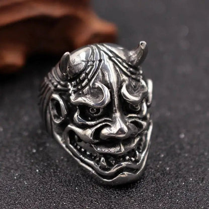 Oni Ring | Japanische Dämonenmaske | Hörner | Edelstahl | Biker Ring-Silber-63-Chaps Herrenmode