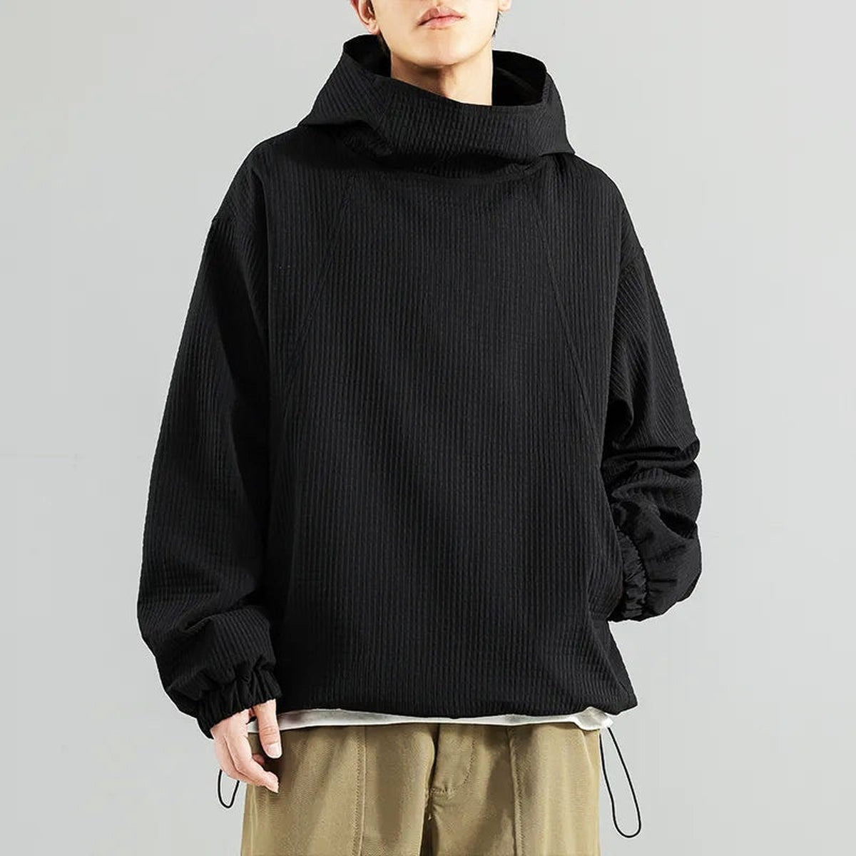 Oversized Hoodie Herren | Waffelstruktur | Stehkragen | Kordelzug am Saum
