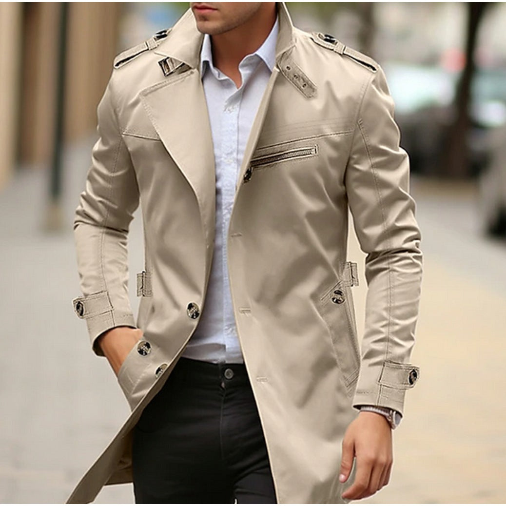 Trenchcoat Herren | Slim Fit | Wasserabweisend | Schulterklappen-Beige-M-Chaps Herrenmode