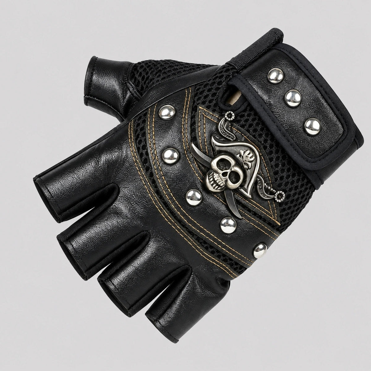 Fingerlose Biker Handschuhe | Totenkopf Emblem | Nieten | Kunstleder-Schwarz-Chaps Herrenmode