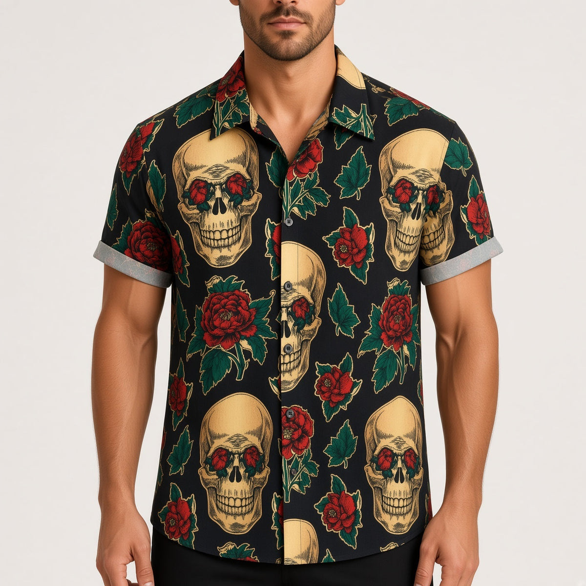 Totenkopf Hemd Herren | Kurzarm | Blumen Print | Reverskragen | 8 Designs