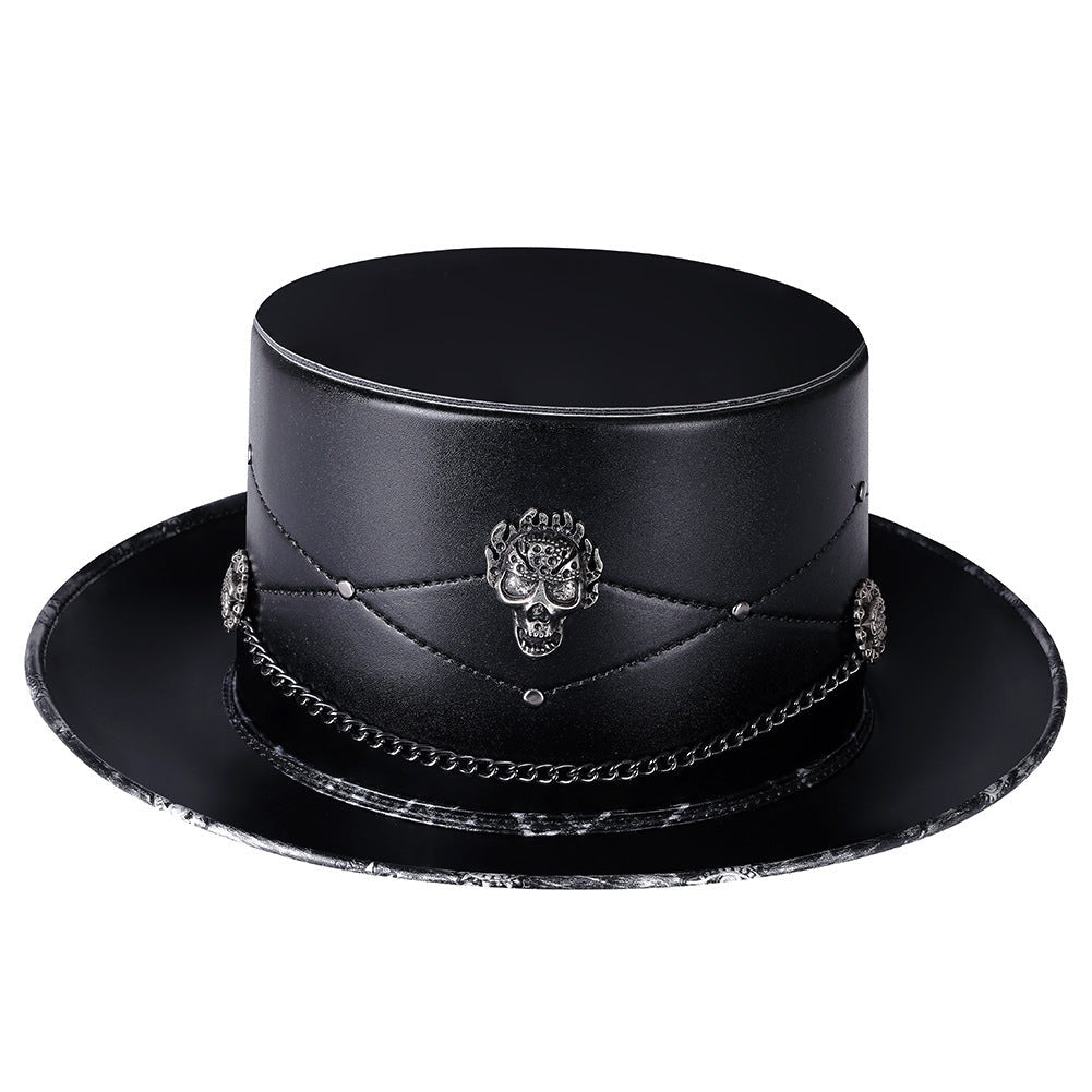 Gothic Zylinder | Totenkopf Emblem | Kette | Nieten | Kunstleder-Schwarz-Chaps Herrenmode