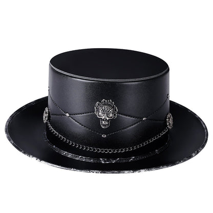 Gothic Zylinder | Totenkopf Emblem | Kette | Nieten | Kunstleder-Schwarz-Chaps Herrenmode