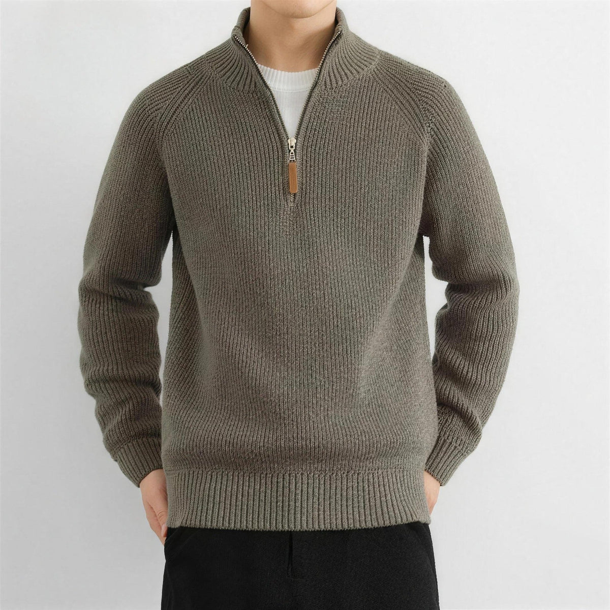 Pullover mit Reißverschluss Herren | Rippstrick | Stehkragen | Raglanärmel
