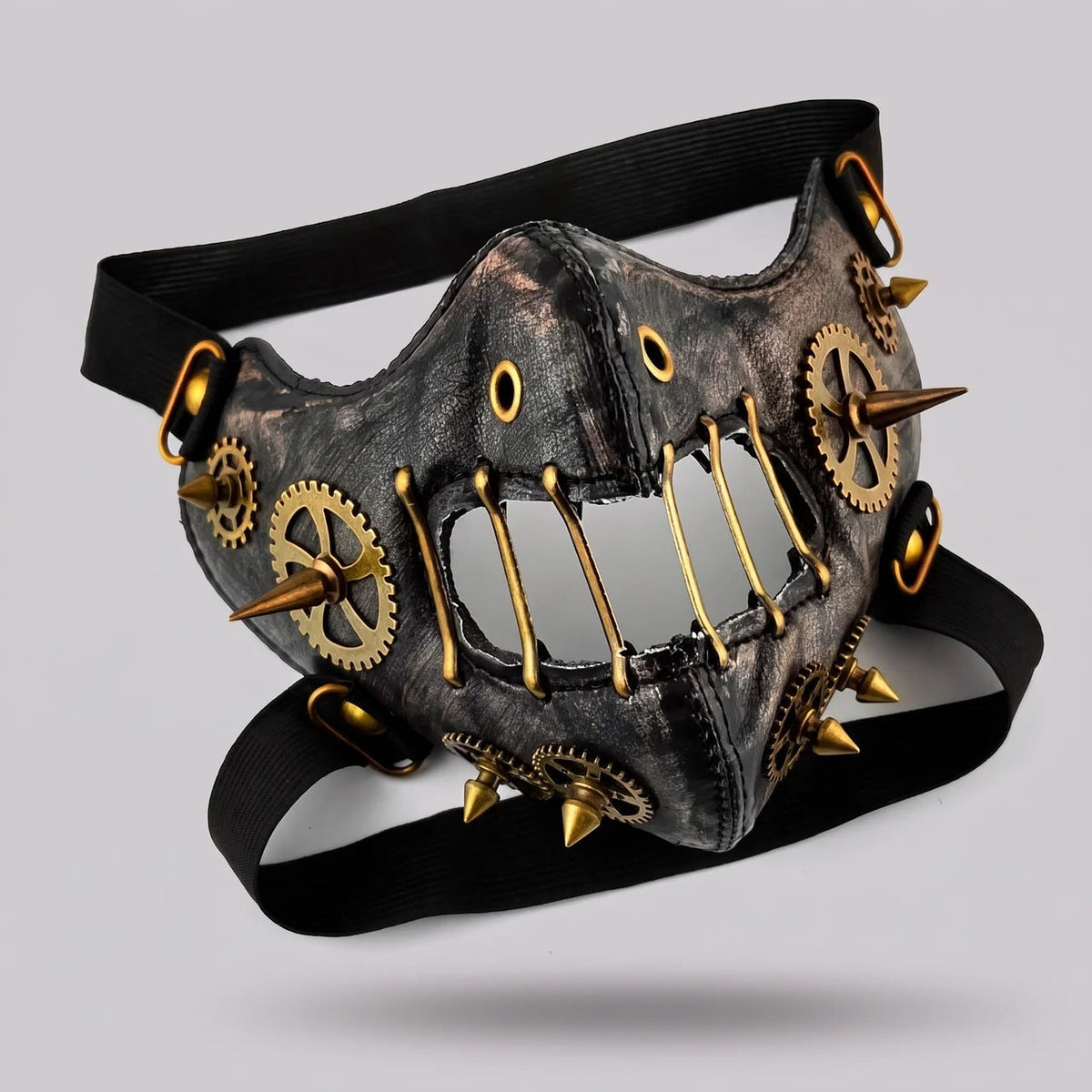 Steampunk Halbmaske | Zahnräder | Spikes | Nieten | Schwarz Gold