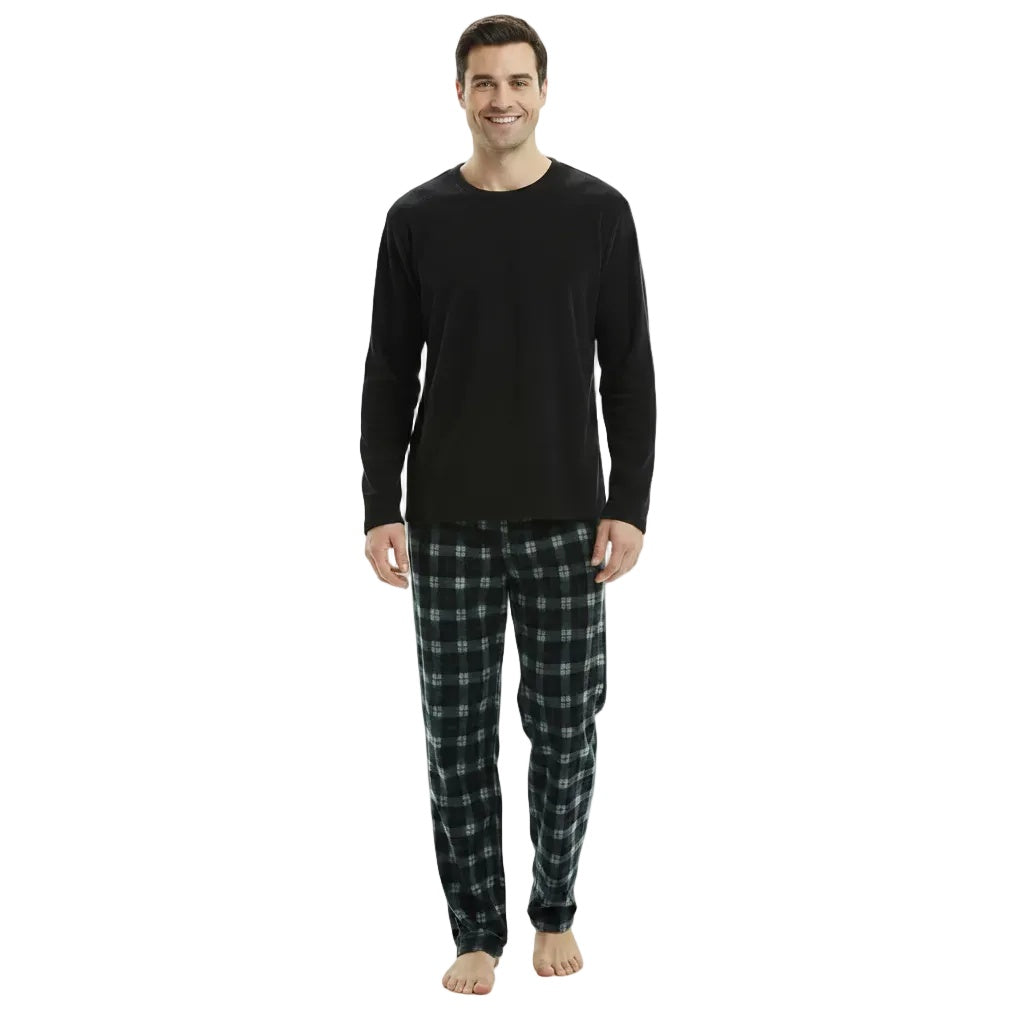 Fleece Schlafanzug Herren | Karierte Hose | Schwarz