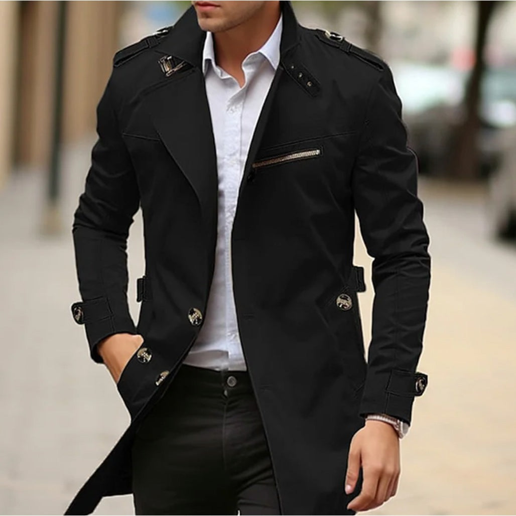 Trenchcoat Herren | Slim Fit | Wasserabweisend | Schulterklappen-Schwarz-M-Chaps Herrenmode